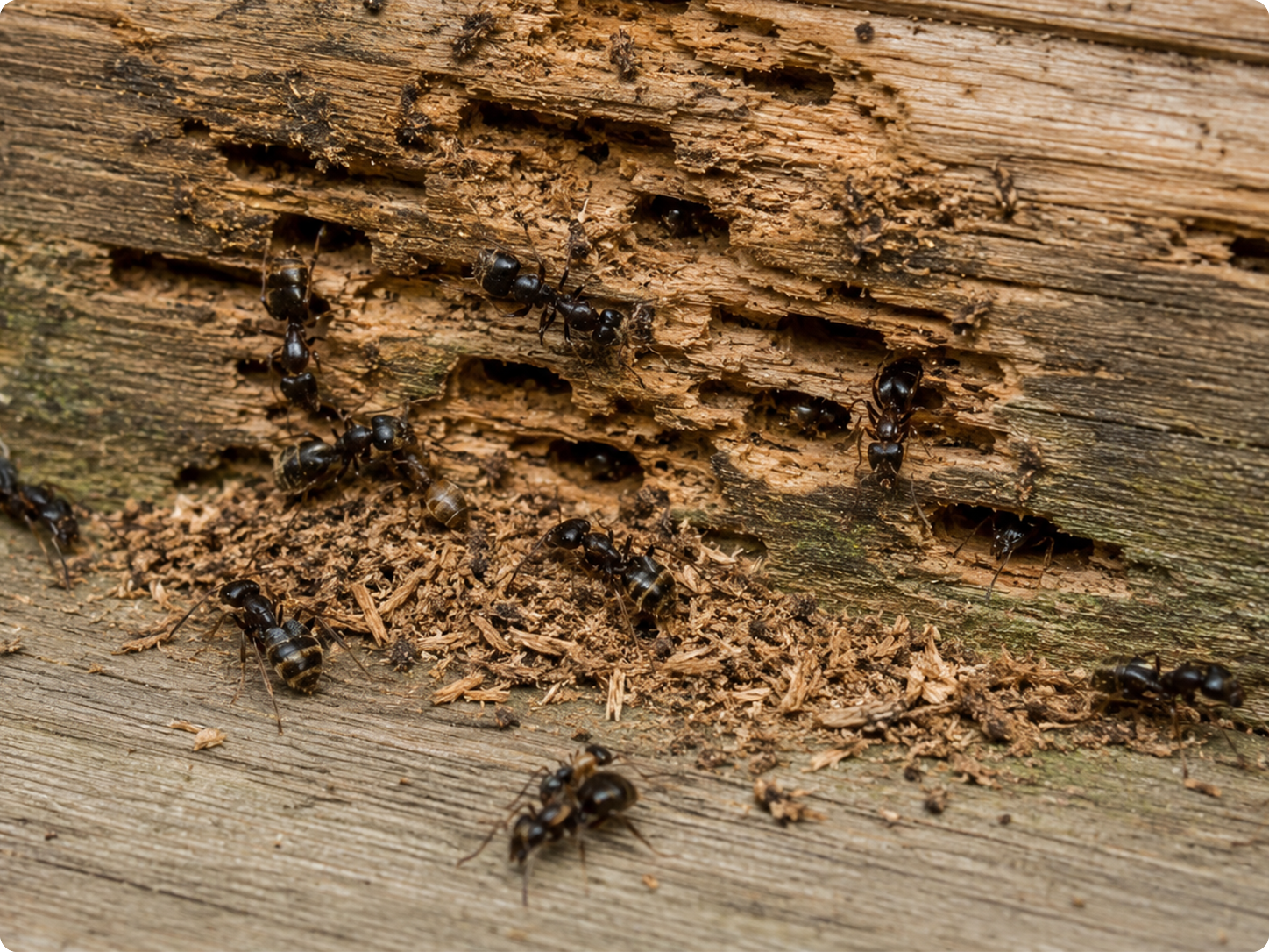 Carpenter ants damaging a weathered wooden picnic table and creating nesting galleries